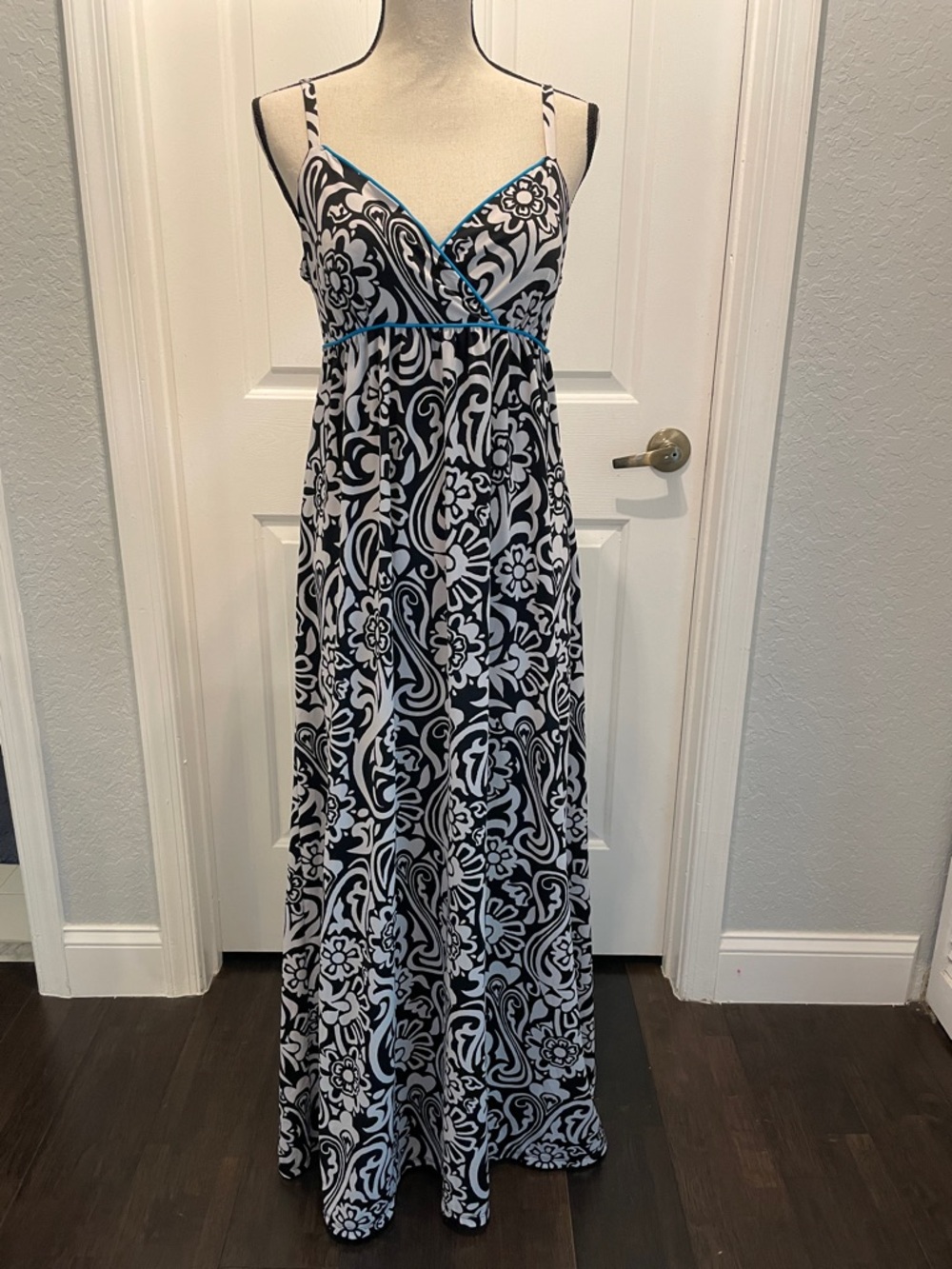 INC International Concepts Black and White Floral Maxi Dress with Blue Trim